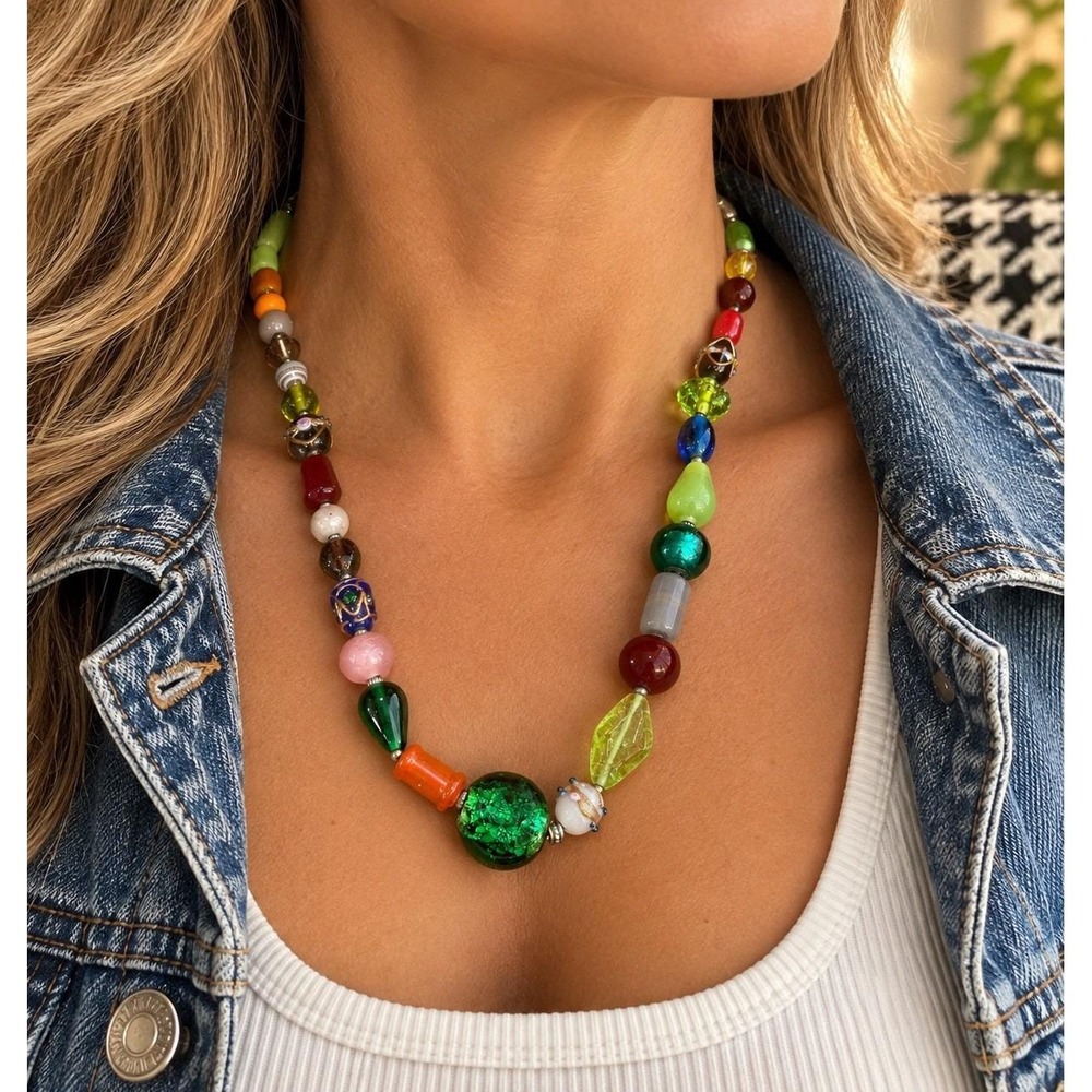 Vintage Style Artisan Glass Beaded Necklace Colorful Lampwork Foil Boho 19"